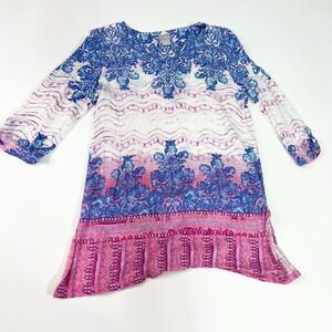 Chico's Shirt Womens small fairy Linen Split Neck 3/4 Sleeve Tunic Blouse Top